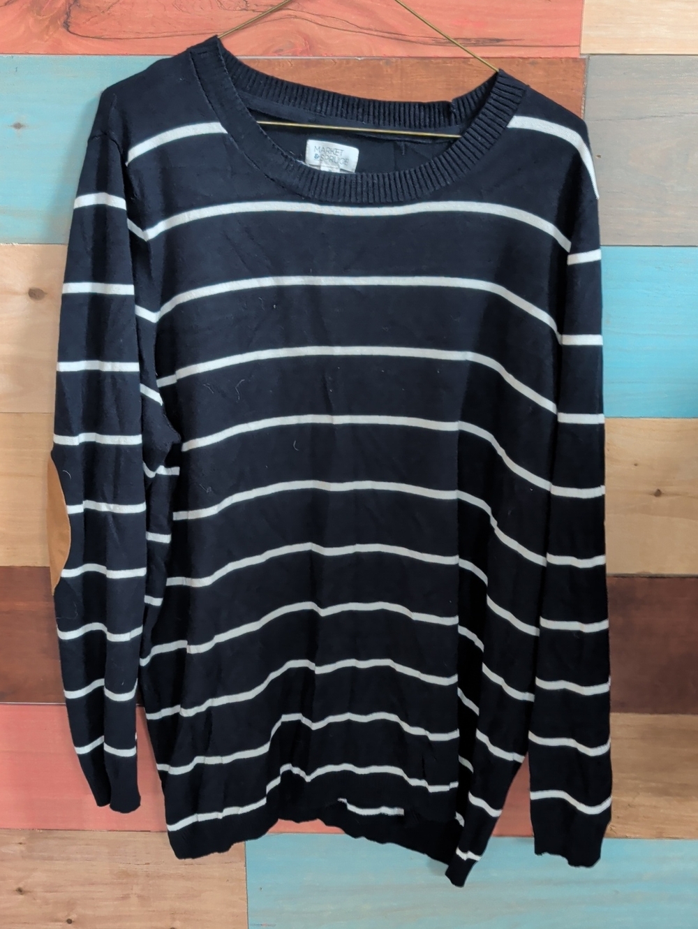 Market & Spruce Navy and White Striped Crewneck Sweater